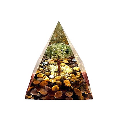 Orgonite Pyramid Resin Display Decorations, with Natural Gemstone Chips Tree of Life Inside, for Home Office Desk