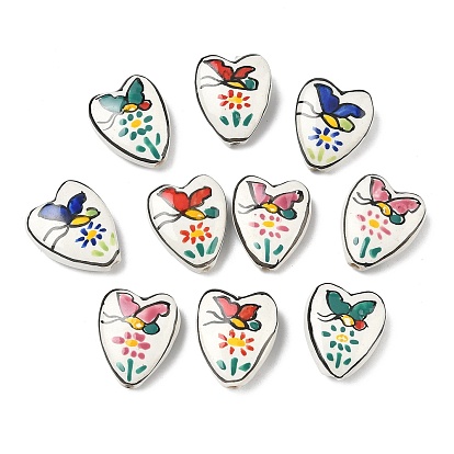 Фарфоровые бусины ручной работы, Сердце с подвесками в виде бабочки и цветка., пастельный фарфор