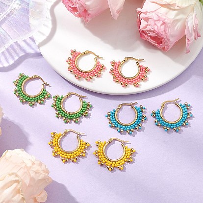 304 серьги-кольца из стеклянных бусин из нержавеющей стали, цветок