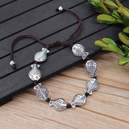 Браслеты из плетеных бусин из сплава, регулируемые плетеные браслеты из полиэфирного шнура для мужчин и женщин, античное серебро