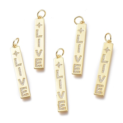 Латунные микропаве прозрачные подвески с фианитом, с прыжковых колец, долговечный, прямоугольник и слово live и звезда