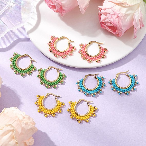 304 серьги-кольца из стеклянных бусин из нержавеющей стали, цветок