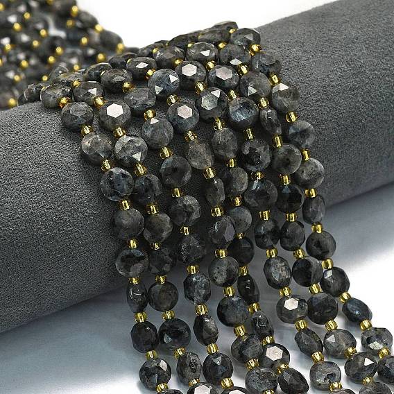 Натуральные нити бус из ларвикита, граненый пятиугольный разрез, плоско-круглые, с бисером