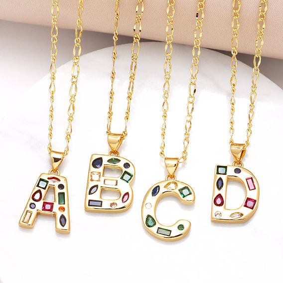 Подвеска-колье с инициалом из латуни, украшенная разноцветными кубическими циркониями., золотые