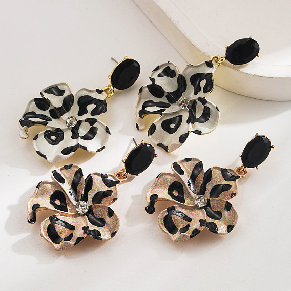 Rhinestone сплава болтаться серьги, леопардовый принт с цветком