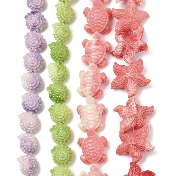 Нити синтетических бусин, окрашенных в коралловый цвет, форма панциря морской звезды-черепахи