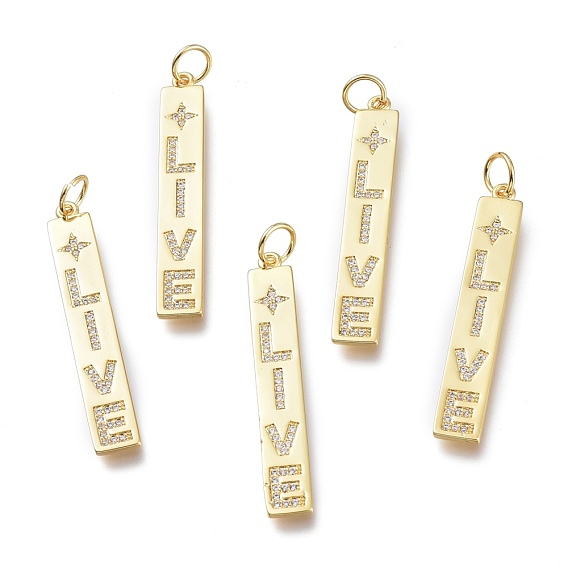 Латунные микропаве прозрачные подвески с фианитом, с прыжковых колец, долговечный, прямоугольник и слово live и звезда
