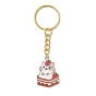 Strawberry Cat Alloy Enamel Pendant Keychain, with Iron Keychain Ring
