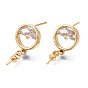Brass Micro Pave Cubic Zirconia Stud Earring Findings, with 925 Sterling Silver Pins and Cup Peg Bails, for Half Drilled Bead, Cadmium Free & Nickel Free & Lead Free, Flat Round