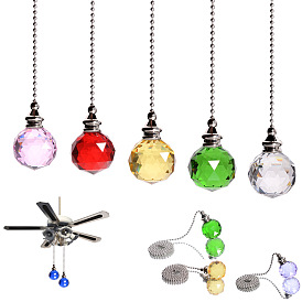 Glass Crystal Ceiling Fan Pull Chain Extenders, with Metal Ball Chains, Round Ball Pendant Suncatcher