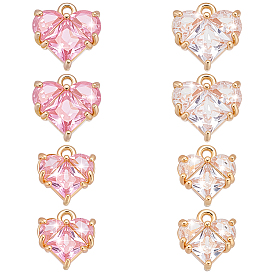 8 шт 4 стили латунные подвески, со стеклом, сердце, золотые, граненые