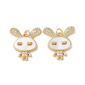 Brass Micro Pave Cubic Zirconia Pendants, with Shell and ABS Pearl,  Real 18K Gold Plated, Rabbit
