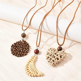 Boho Woven Rattan Pendant Long Necklaces, Adjustable Wax Cord Necklaces with Wood Beads, Heart Flower Moon