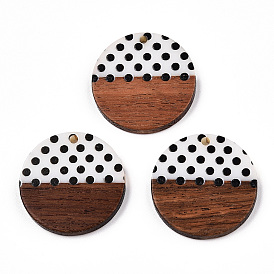 Printed Opaque Resin & Walnut Wood Pendants, Flat Round Charm with Polka Dot Pattern