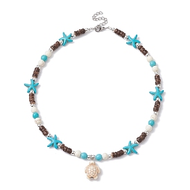 Colliers pendentif tortue turquoise synthétique, avec étoiles de mer et chaînes de perles de noix de coco naturelles