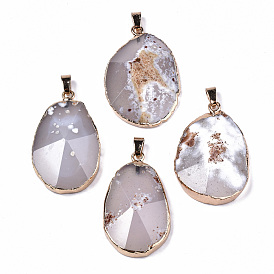 Edge Golden Plated Natural White Agate Pendants, with Golden Tone Brass Pinch Bail, Faceted, Teardrop