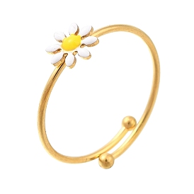 Daisy Enamel Finger Rings, 304 Stainless Steel Open Cuff Rings for Women