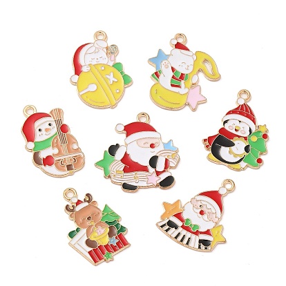 Christmas Theme Alloy Enamel Pendants, Light Gold, Santa Claus/Bear/Deer/Penguin/Snowman Charms