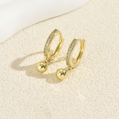 Brass Micro Pave Cubic Zirconia Round Bead Hoop Dangle Earrings for Women