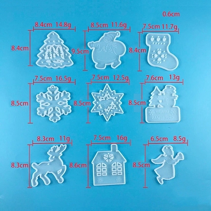 9Pcs 9 Shapes Christmas Theme DIY Food Grade Silicone Pendant Molds, Resin Casting Molds, Clay Craft Mold Tools