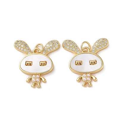 Brass Micro Pave Cubic Zirconia Pendants, Cadmium Free & Lead Free, with Shell and ABS Pearl, Real 18K Gold Plated, Rabbit