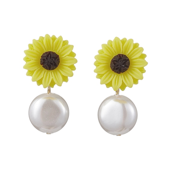 Natural Pearl & Resin Sunflower Stud Earrings, with 304 Stainless Steel Pins