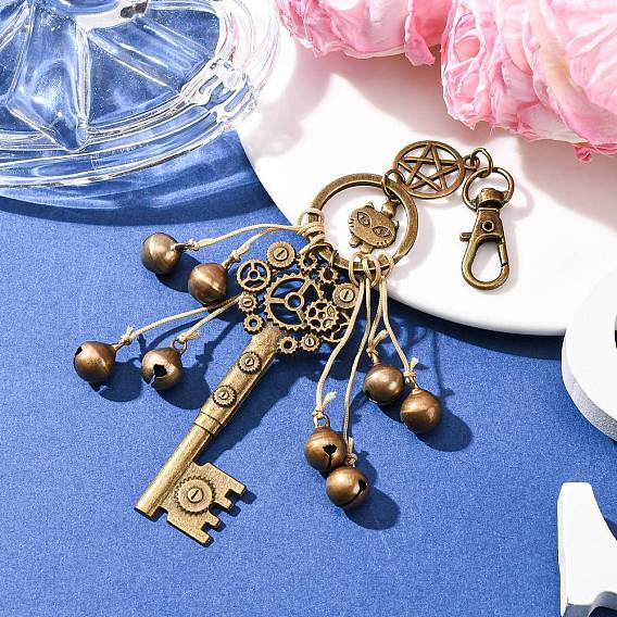 Подвеска в виде головы кошки из сплава и латунного колокольчика и ключа, с поворотной застежкой