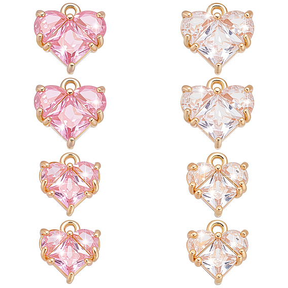8 шт 4 стили латунные подвески, со стеклом, сердце, золотые, граненые