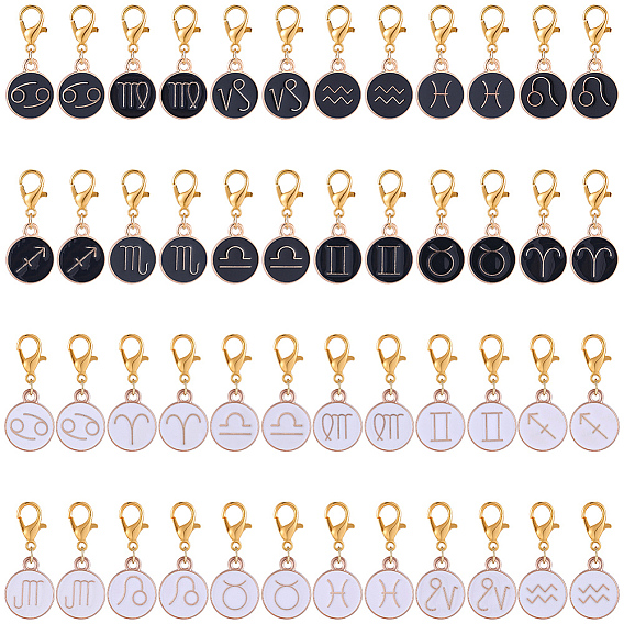 48Шт подвесные украшения из сплава эмали, с цинковым сплавом застежками омаров коготь, плоские круглые с созвездием
