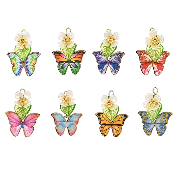 8 шт. 8 цвета подвески из стеклянного бисера в виде бабочек и цветов, с эмалевым сплавом и 304 петлей из нержавеющей стали
