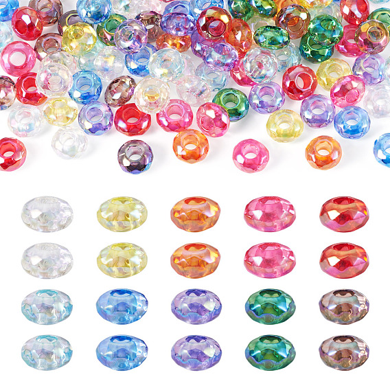 100Pcs UV Plating Transparent Acrylic European Beads, Iridescent, Rondelle, Faceted, Large Hole Bead