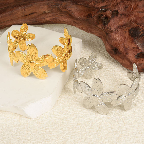 Европейские и американские браслеты-манжеты из нержавеющей стали с цветочным узором для женщин