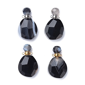  Faceted Natural Black Onyx Pendants, Openable Perfume Bottle, with Brass Findings