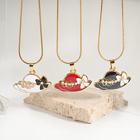 304 Stainless Steel Enamel Pendant Necklaces for Women, Flower Hat, Golden