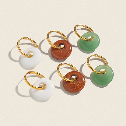 Плоские круглые 304 серьги-кольца из нержавеющей стали, с природными драгоценными камнями