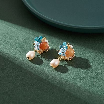 Natural Carnelian & Apatite Beaded Flower with Shell Pearl Dangle Stud Earrings, 304 Stainless Steel Braided Bead Jewelry for Women