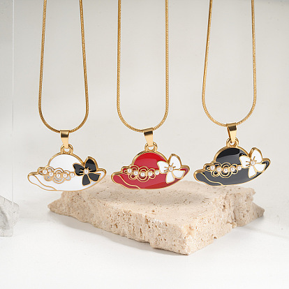 304 Stainless Steel Enamel Pendant Necklaces for Women, Flower Hat, Golden