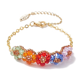 Colorful Flower Glass Beded Bracelets, 304 Stainless Steel Pendant with Brass Cable Chain Bracelets