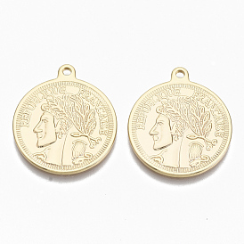 Brass Coin Pendants, Nickel Free, with Words REPUBLIQUE FRANCAISE & Man Face