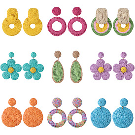 Bohemian Handmade Raffia Earrings with Geometric Dyeing for Beach Vacation