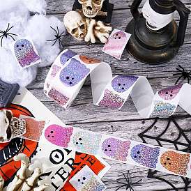 Halloween Paper Glitter Ghost Laser Stickers Roll, Iridescent Sparkle Self-Adhesive Labels, for Journal Scrapbook Gift Wrap Envelope Sealing Party Decor