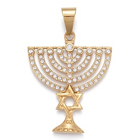 304 Stainless Steel Pendants, with Crystal Rhinestone, Candelabrum with Star of David