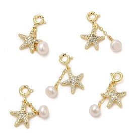 Brass Micro Pave Cubic Zirconia Starfish Pendant Decorations, Natural Pearl Ornament with Brass Spring Ring Clasps