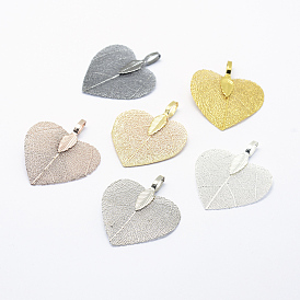 Brass Plated Natural Leaf Pendants, Long-Lasting Plated, Heart