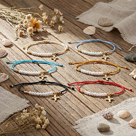 304 из нержавеющей стали крест шарм браслеты, Регулируемые браслеты из латуни и круглых бусин из искусственного жемчуга для женщин.