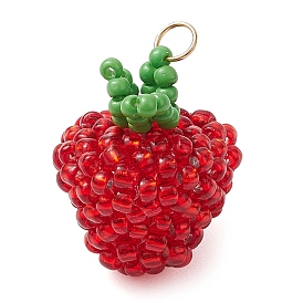 Handmade Glass Seed Beads, Loom Pattern, with 304 Stainless Steel Jump Ring, Strawberry Pendants