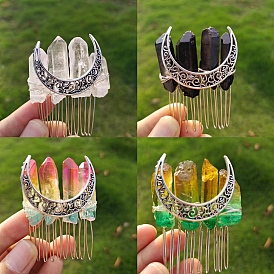 Electroplated Natural Quartz Crystal Hair Combs, Hair Accessories for Women Girls, Moon