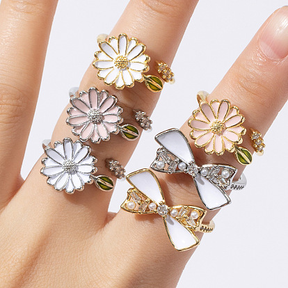 Латунные кольца-манжеты для женщин, с эмалью и горный хрусталь, цветок/бантик