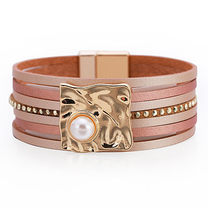 Bohemian Multi-layer Leather Buckle Pearl Bracelet - Ethnic Style, Magnetic Clasp Jewelry.