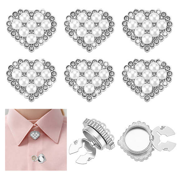 6Pcs Alloy Cufflinks, Heart, with Rhinestone Cabochons & Imitation Pearl